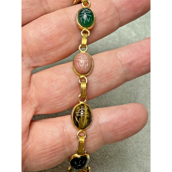 Vintage 7" Egyptian Revival Scarab Beetle Bracelet Semi Precious 14K Gold Filled - Picture 4 of 6